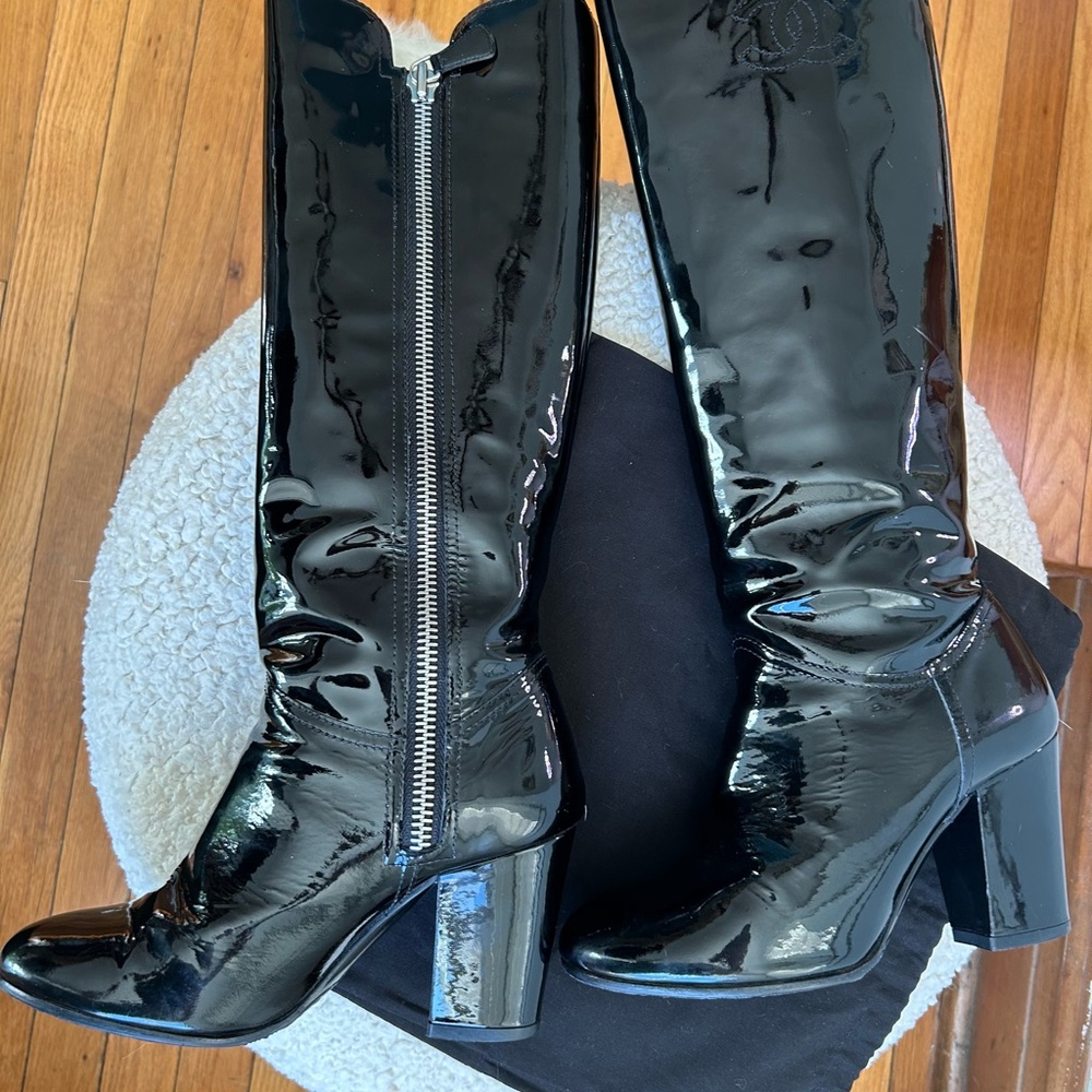 Black Patent Chanel Leather Knee-High Boots